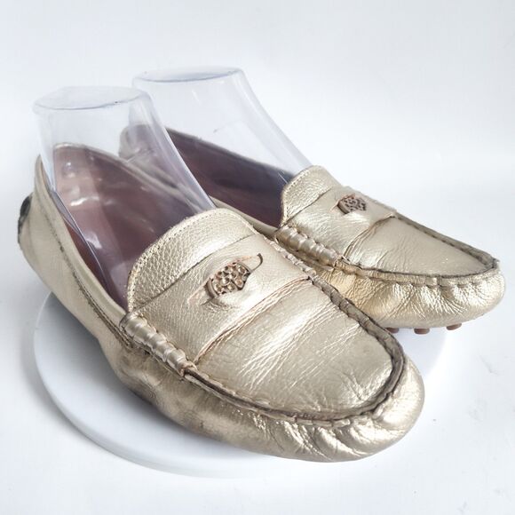 Coach Penny Loafers Size 7 Logo Leather Slip On Flats Napoleon Metallic Gold - Picture 1 of 10